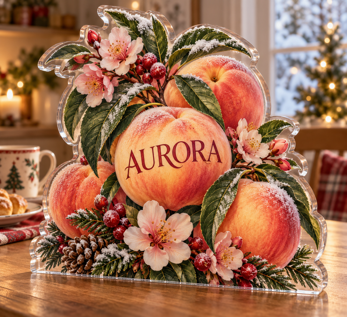 Artwork visualization: Peach orchard — breakfast nook decoration, personalized AURORA, subject-shaped acrylic with printed optical 3D depth; not carved relief.