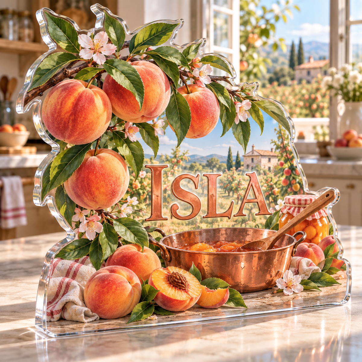 Artwork visualization: Peach orchard — family cooking day, personalized ISLA, subject-shaped acrylic with printed optical 3D depth; not carved relief.