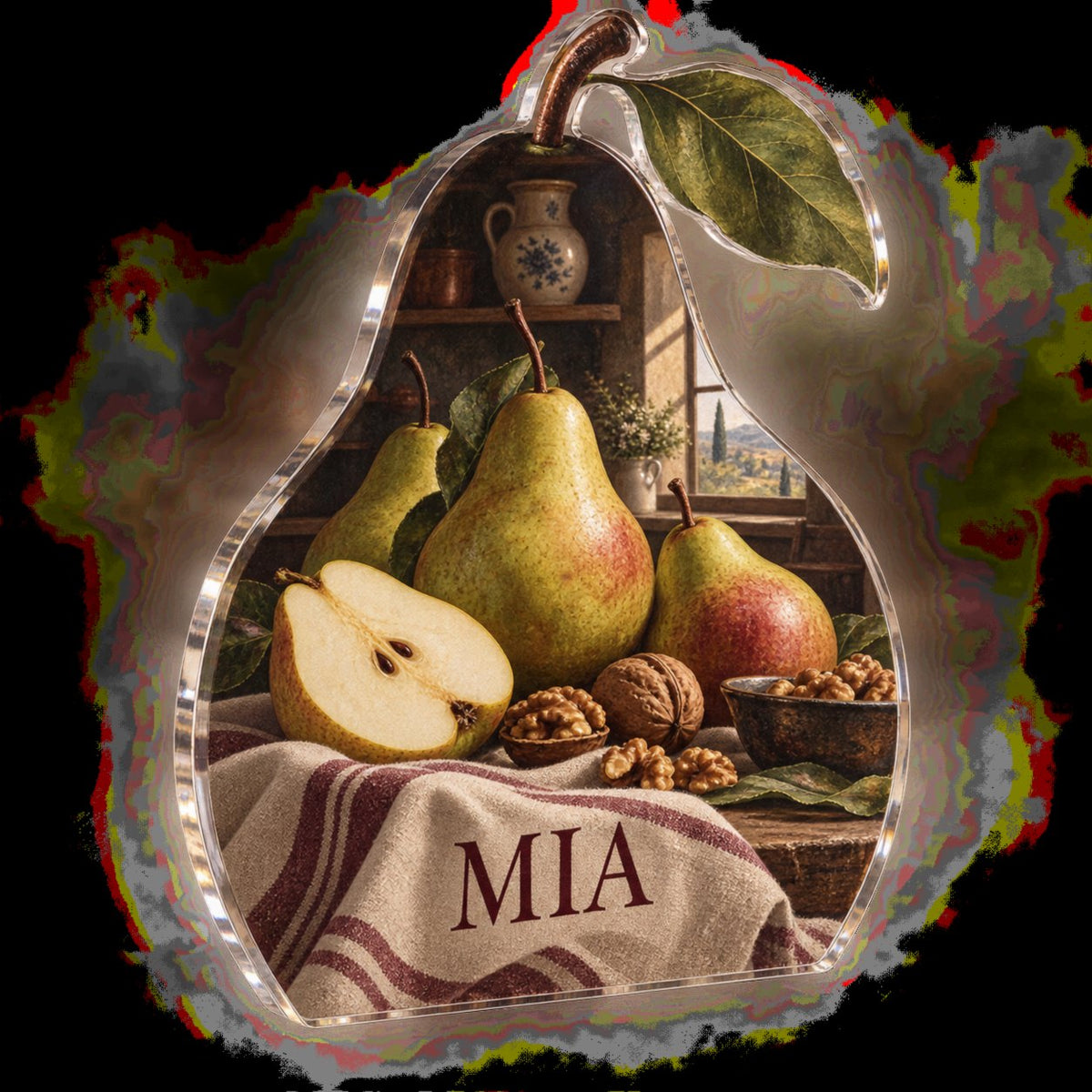 Personalized Pear Still Life Kitchen Wall Collection custom shape acrylic plaque with an example name set into the artwork, digital preview