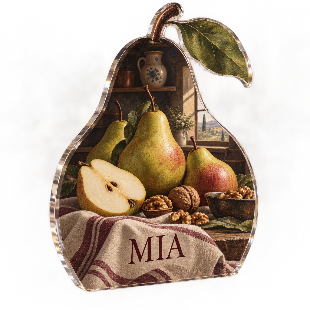 Artwork visualization: Pear still life — kitchen wall collection, personalized MIA, subject-shaped acrylic with printed optical 3D depth; not carved relief.