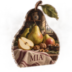 Artwork visualization: Pear still life — kitchen wall collection, personalized MIA, subject-shaped acrylic with printed optical 3D depth; not carved relief.