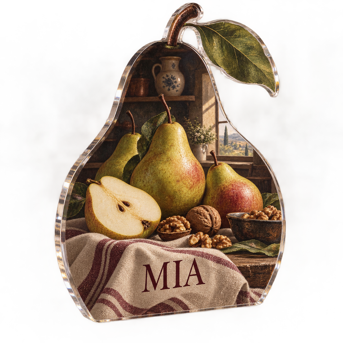 Artwork visualization: Pear still life — kitchen wall collection, personalized MIA, subject-shaped acrylic with printed optical 3D depth; not carved relief.