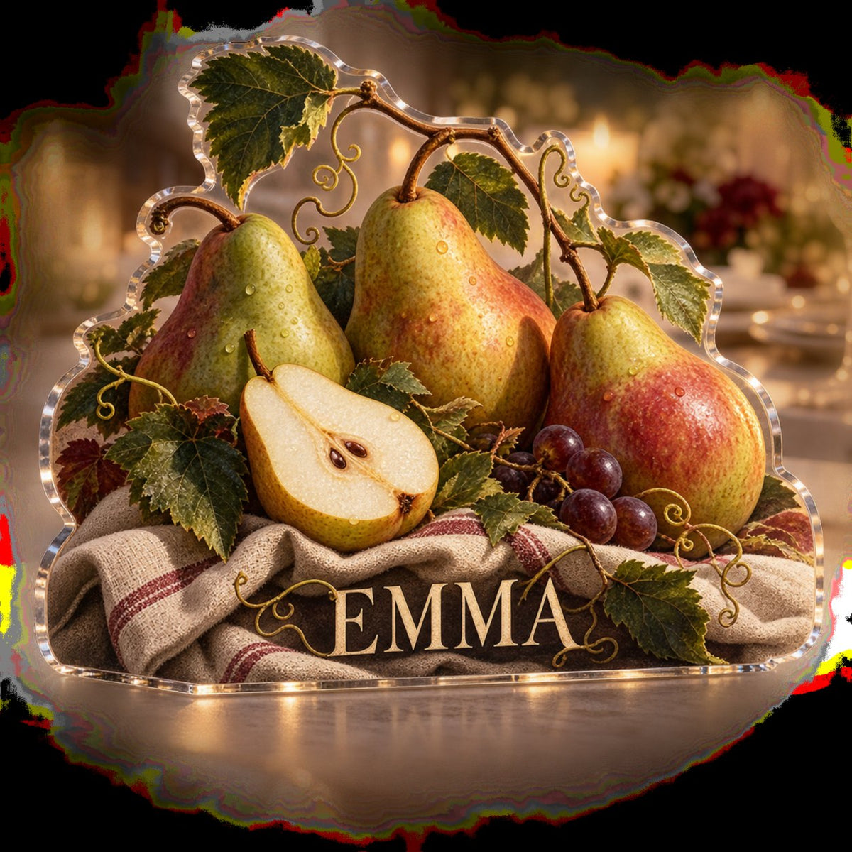 Personalized Pear Still Life Host Thank You Gift custom shape acrylic plaque with an example name set into the artwork, digital preview
