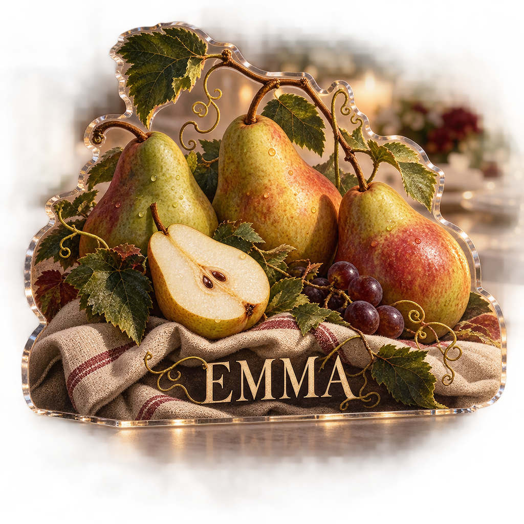 Artwork visualization: Pear still life — host thank you gift, personalized EMMA, subject-shaped acrylic with printed optical 3D depth; not carved relief.