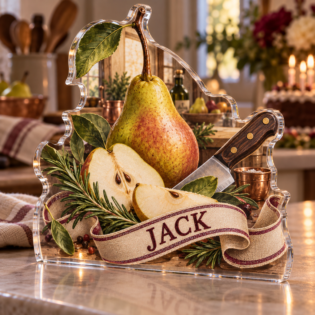 Artwork visualization: Pear still life — food hobby birthday, personalized JACK, subject-shaped acrylic with printed optical 3D depth; not carved relief.