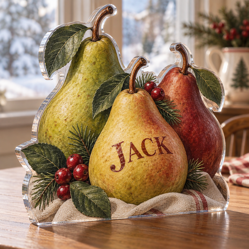 Artwork visualization: Pear still life — breakfast nook decoration, personalized JACK, subject-shaped acrylic with printed optical 3D depth; not carved relief.