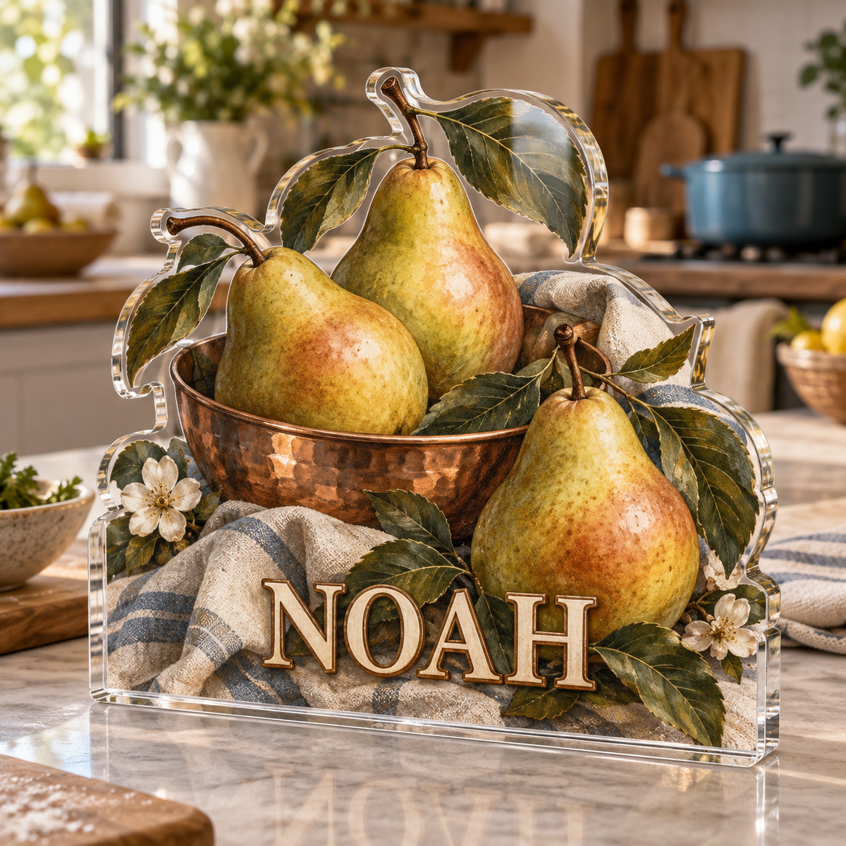 Artwork visualization: Pear still life — family cooking day, personalized NOAH, subject-shaped acrylic with printed optical 3D depth; not carved relief.