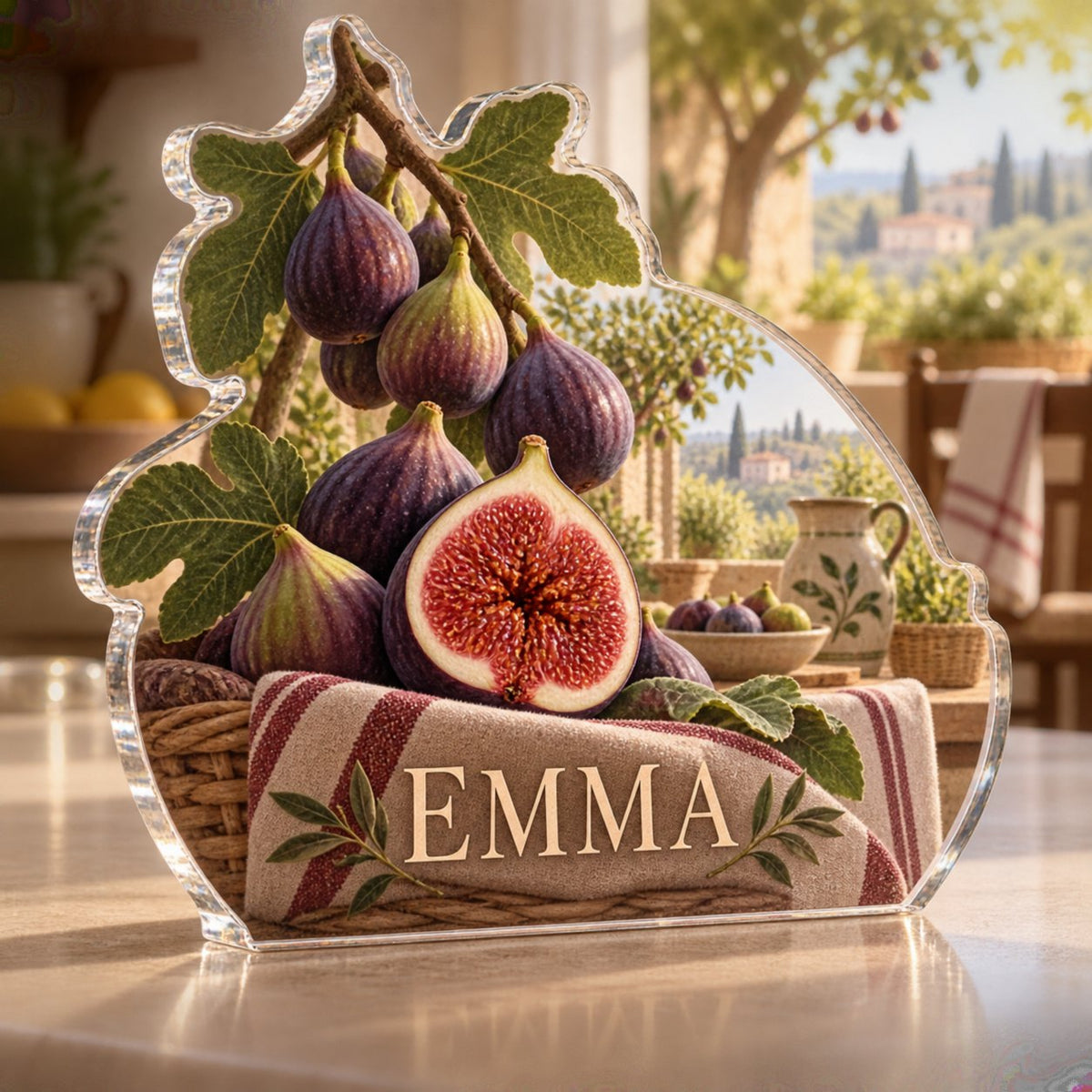 Personalized Fig Harvest Kitchen Wall Collection custom shape acrylic plaque with an example name set into the artwork, digital preview