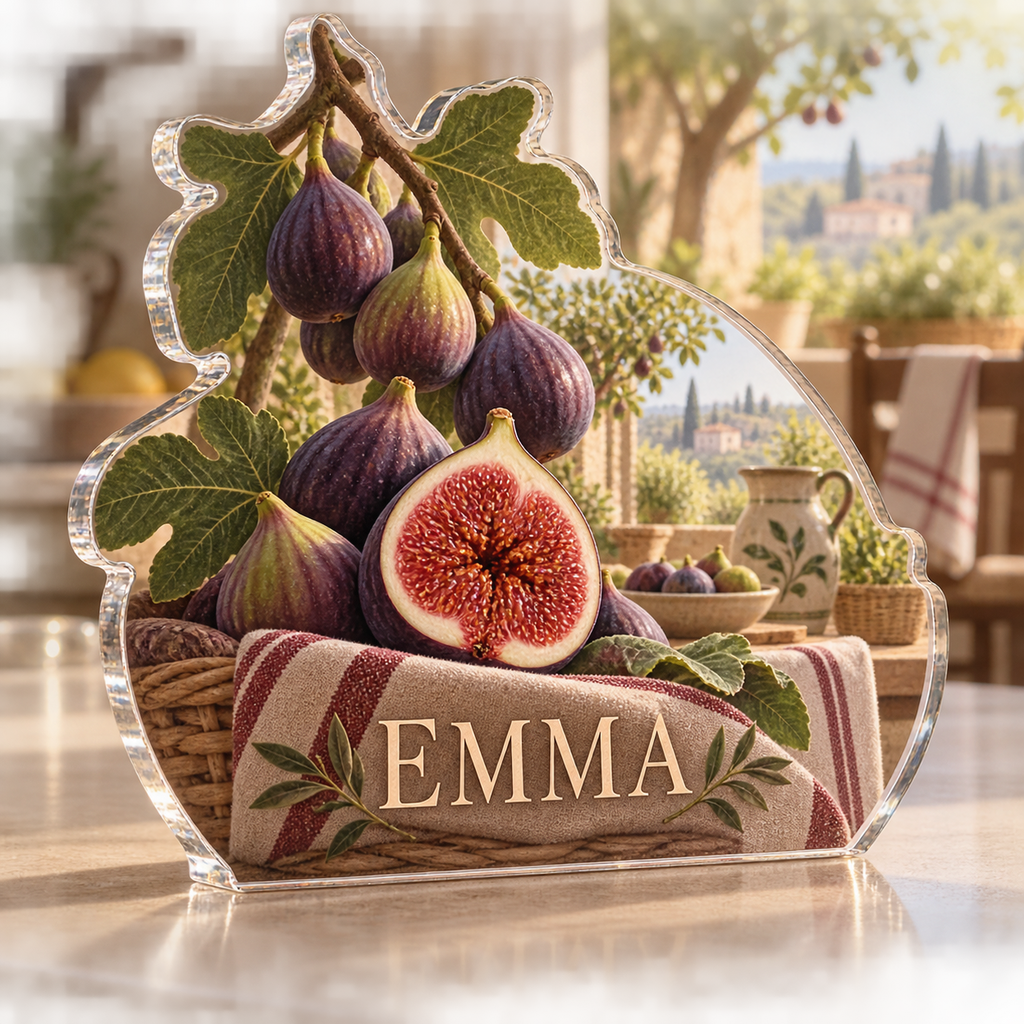 Artwork visualization: Fig harvest — kitchen wall collection, personalized EMMA, subject-shaped acrylic with printed optical 3D depth; not carved relief.