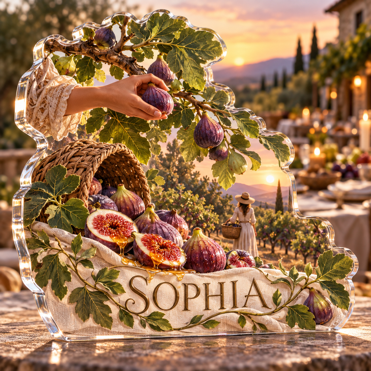 Artwork visualization: Fig harvest — host thank you gift, personalized SOPHIA, subject-shaped acrylic with printed optical 3D depth; not carved relief.
