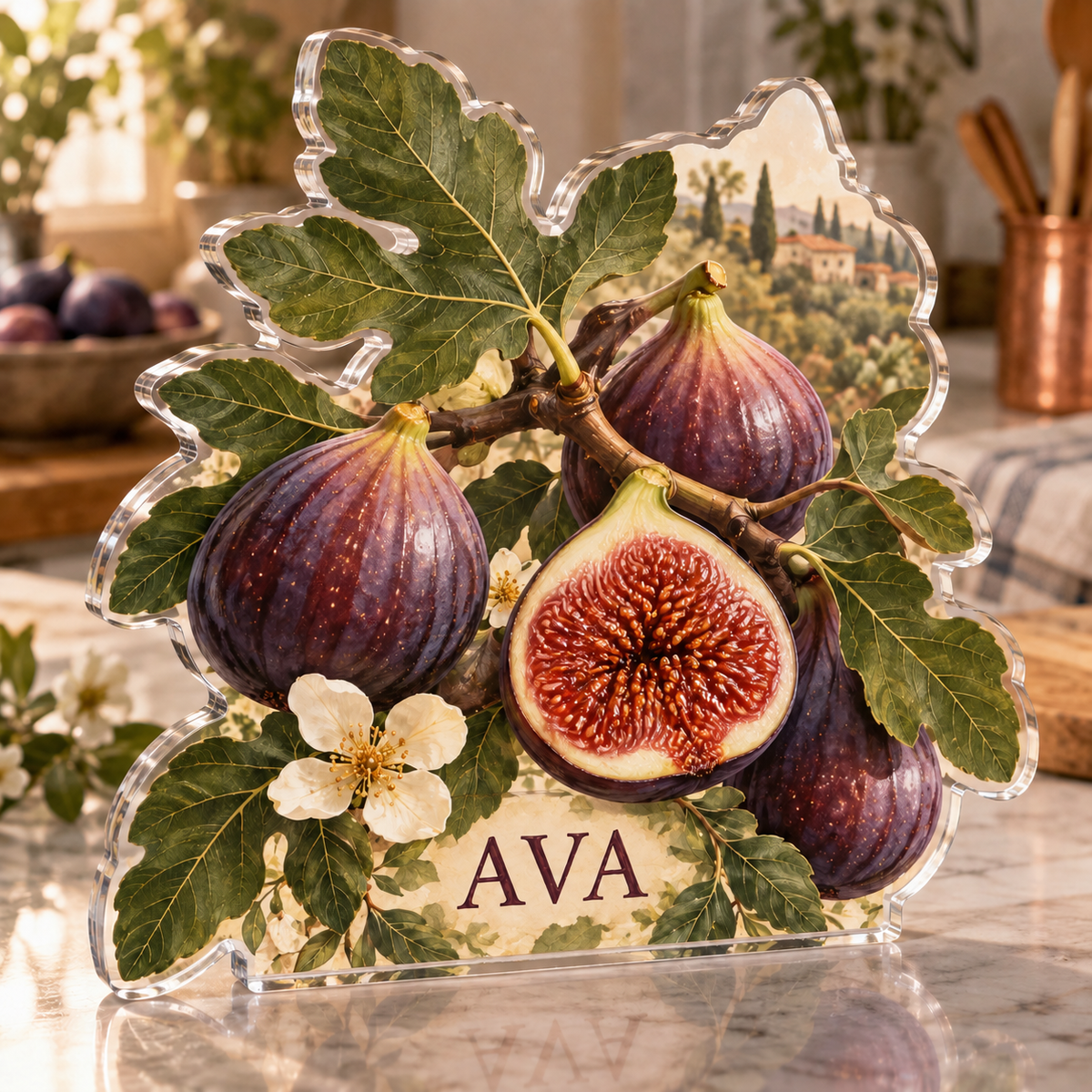 Artwork visualization: Fig harvest — food hobby birthday, personalized AVA, subject-shaped acrylic with printed optical 3D depth; not carved relief.