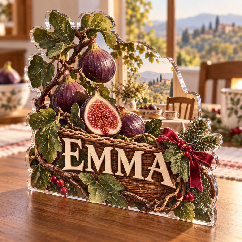 Artwork visualization: Fig harvest — breakfast nook decoration, personalized EMMA, subject-shaped acrylic with printed optical 3D depth; not carved relief.