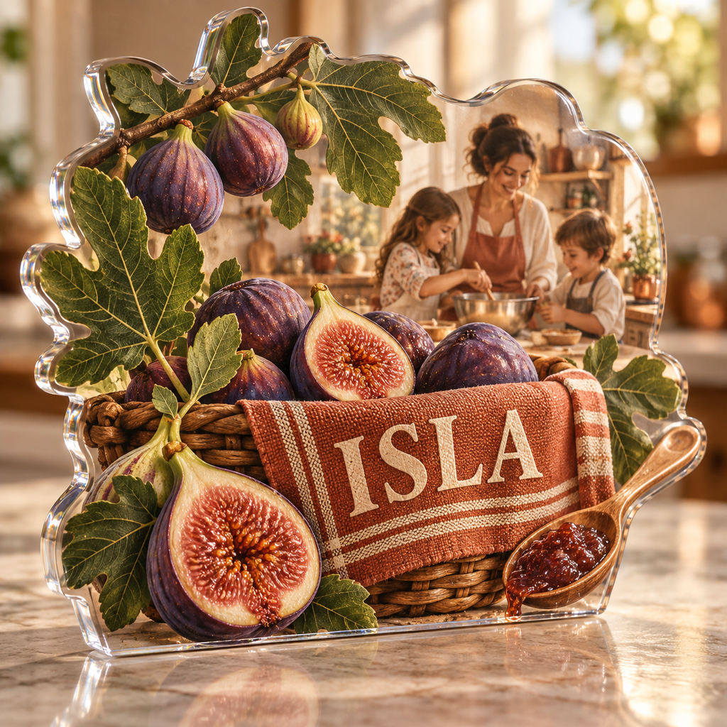 Artwork visualization: Fig harvest — family cooking day, personalized ISLA, subject-shaped acrylic with printed optical 3D depth; not carved relief.