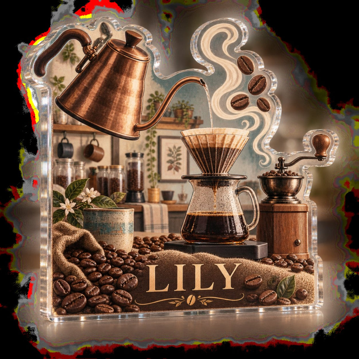 Personalized Coffee Brewing Tools Kitchen Wall Collection custom shape acrylic plaque with an example name set into the artwork, digital preview