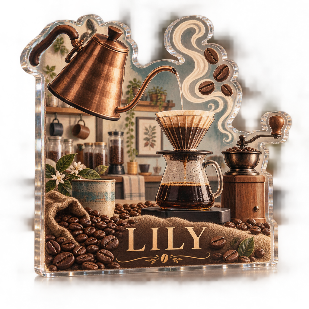 Artwork visualization: Coffee brewing tools — kitchen wall collection, personalized LILY, subject-shaped acrylic with printed optical 3D depth; not carved relief.