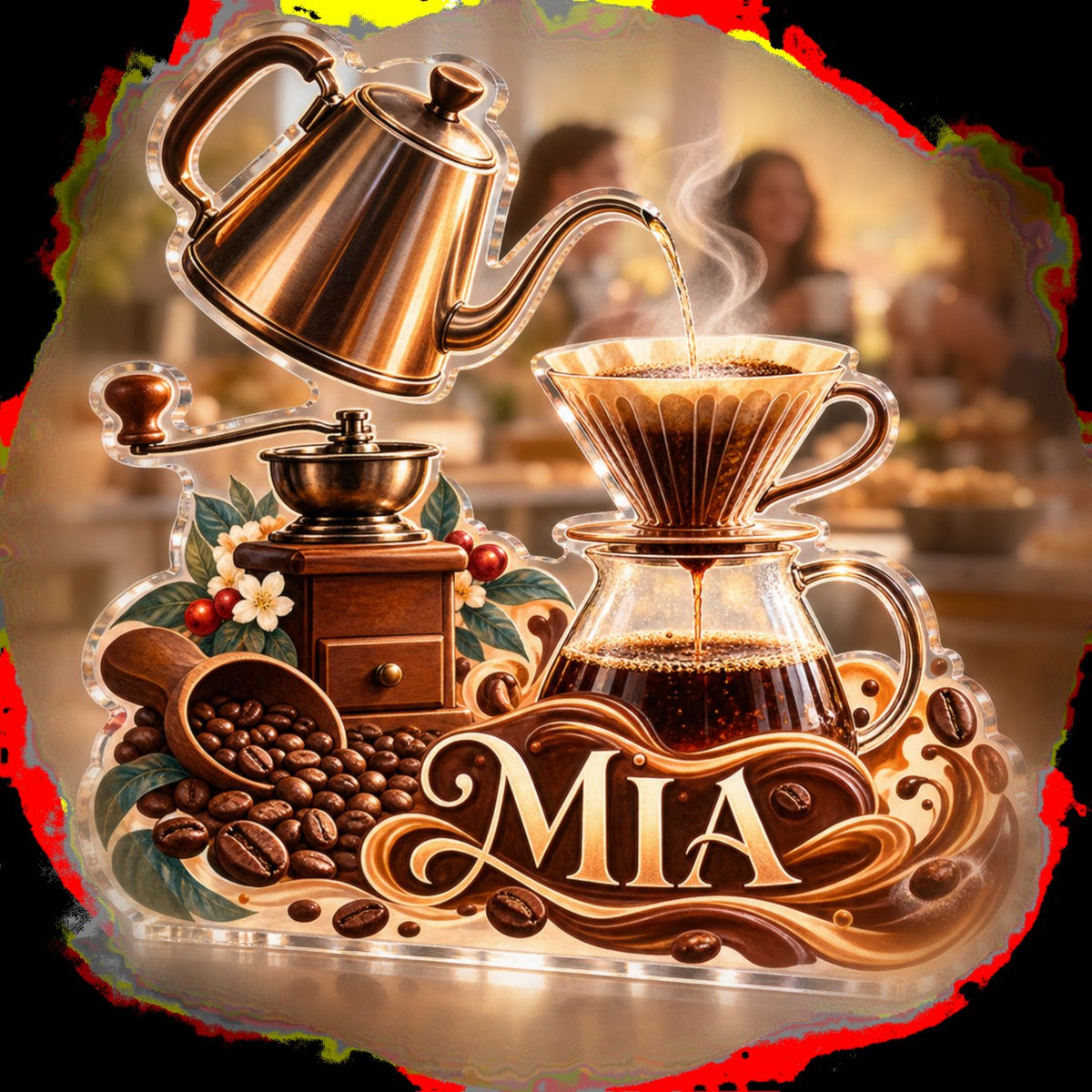 Personalized Coffee Brewing Tools Host Thank You Gift custom shape acrylic plaque with an example name set into the artwork, digital preview