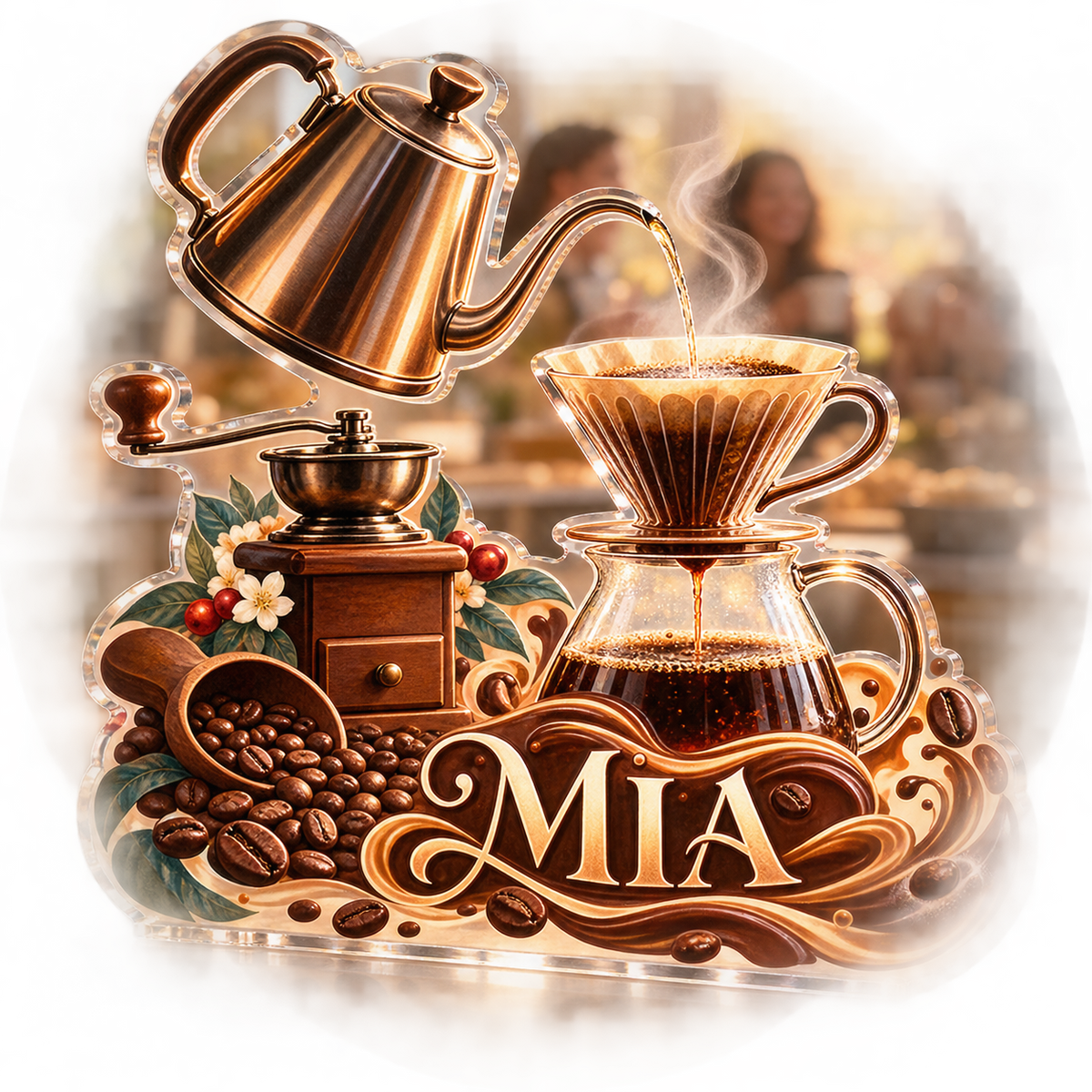 Artwork visualization: Coffee brewing tools — host thank you gift, personalized MIA, subject-shaped acrylic with printed optical 3D depth; not carved relief.