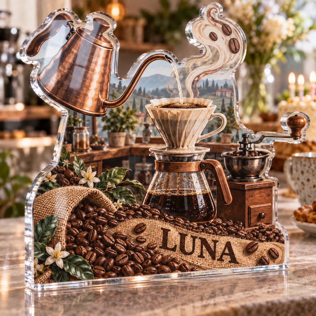 Artwork visualization: Coffee brewing tools — food hobby birthday, personalized LUNA, subject-shaped acrylic with printed optical 3D depth; not carved relief.