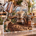 Artwork visualization: Coffee brewing tools — food hobby birthday, personalized LUNA, subject-shaped acrylic with printed optical 3D depth; not carved relief.