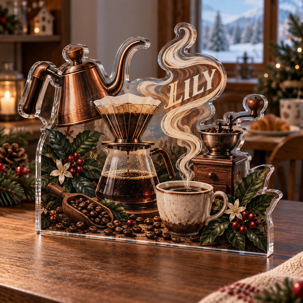 Artwork visualization: Coffee brewing tools — breakfast nook decoration, personalized LILY, subject-shaped acrylic with printed optical 3D depth; not carved relief.