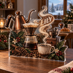 Artwork visualization: Coffee brewing tools — breakfast nook decoration, personalized LILY, subject-shaped acrylic with printed optical 3D depth; not carved relief.