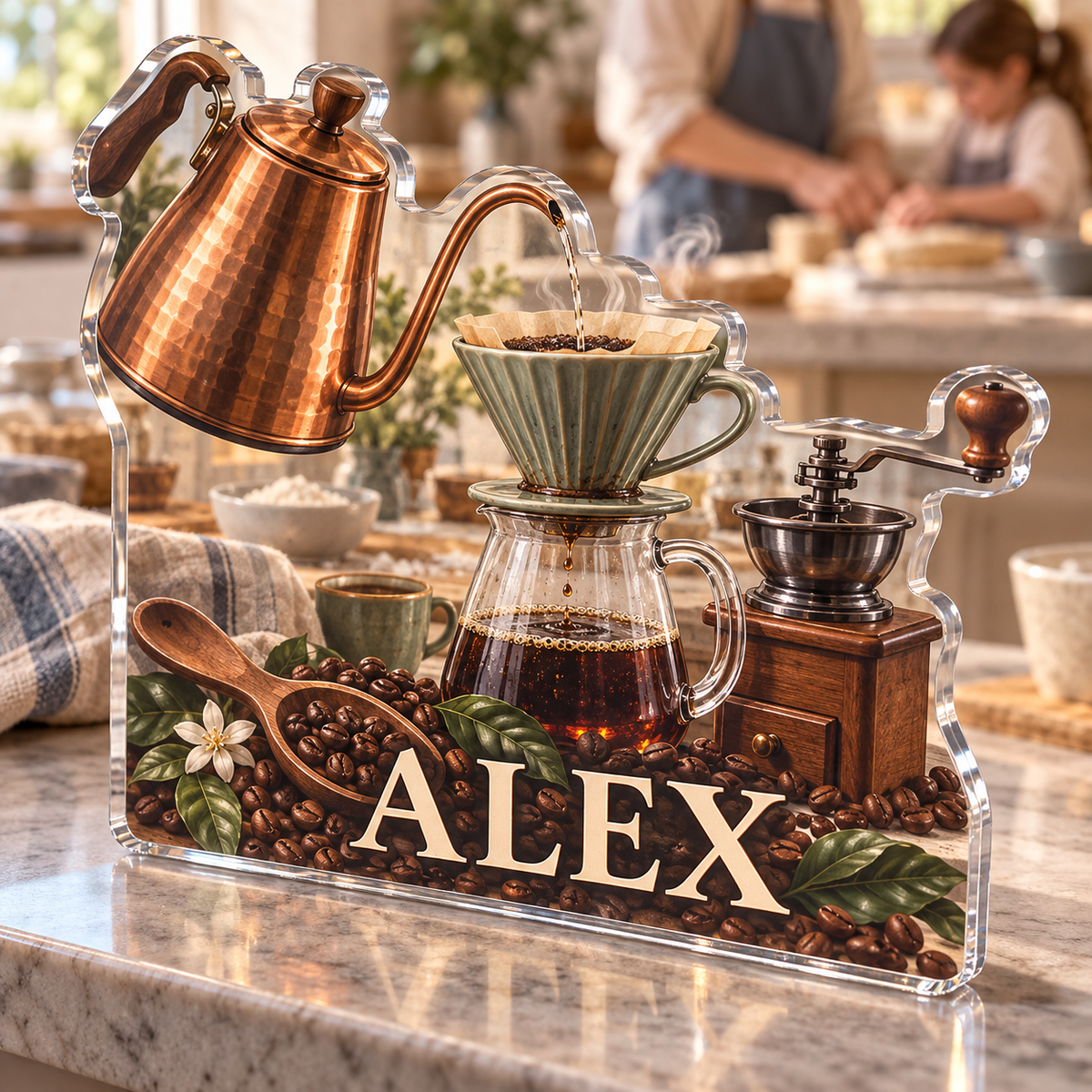Artwork visualization: Coffee brewing tools — family cooking day, personalized ALEX, subject-shaped acrylic with printed optical 3D depth; not carved relief.