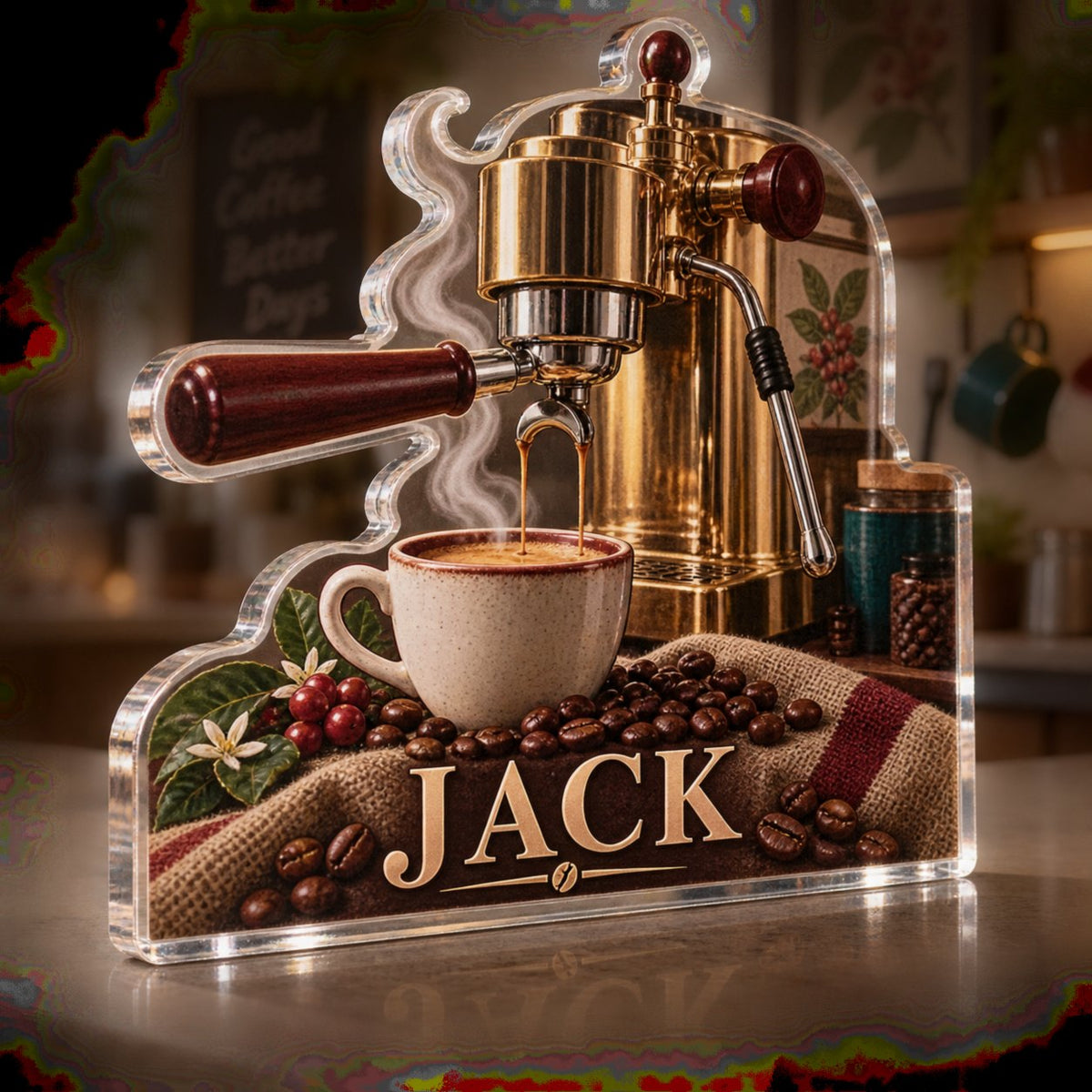Personalized Espresso Corner Kitchen Wall Collection custom shape acrylic plaque with an example name set into the artwork, digital preview