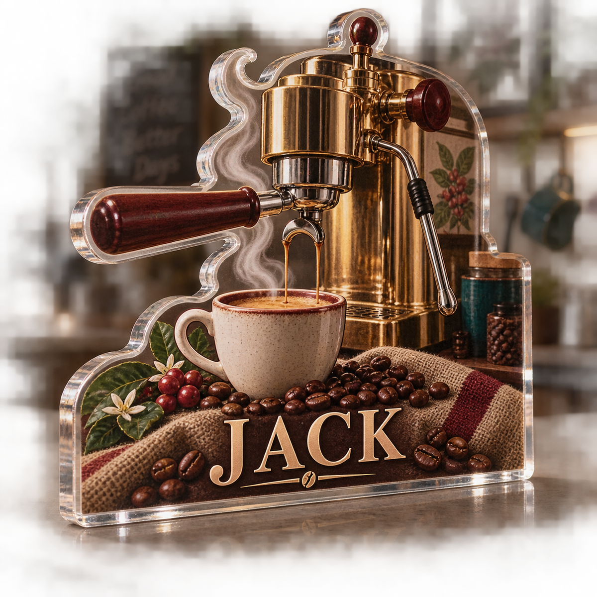 Artwork visualization: Espresso corner — kitchen wall collection, personalized JACK, subject-shaped acrylic with printed optical 3D depth; not carved relief.