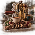 Artwork visualization: Espresso corner — kitchen wall collection, personalized JACK, subject-shaped acrylic with printed optical 3D depth; not carved relief.