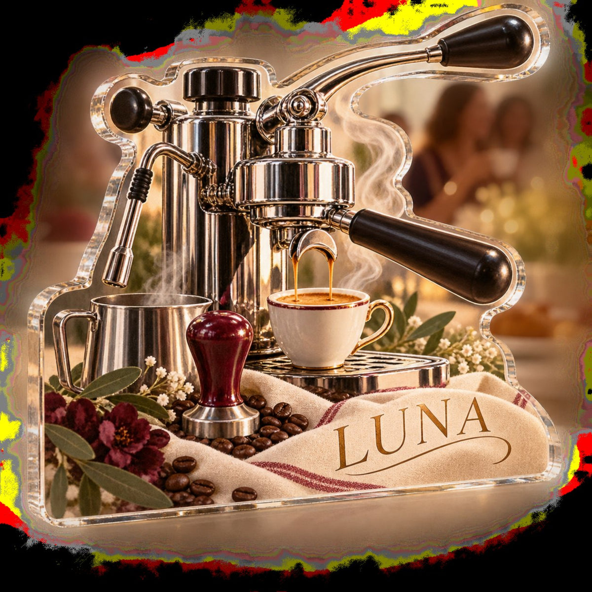 Personalized Espresso Corner Host Thank You Gift custom shape acrylic plaque with an example name set into the artwork, digital preview