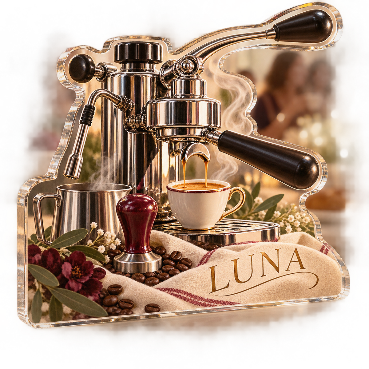Artwork visualization: Espresso corner — host thank you gift, personalized LUNA, subject-shaped acrylic with printed optical 3D depth; not carved relief.