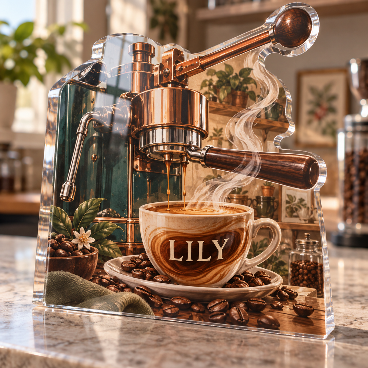 Artwork visualization: Espresso corner — food hobby birthday, personalized LILY, subject-shaped acrylic with printed optical 3D depth; not carved relief.