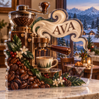 Artwork visualization: Espresso corner — breakfast nook decoration, personalized AVA, subject-shaped acrylic with printed optical 3D depth; not carved relief.