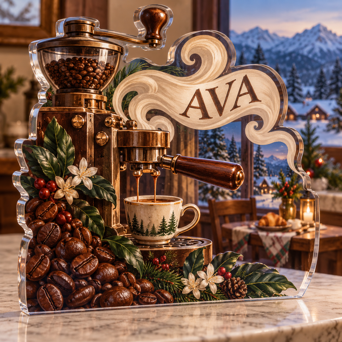 Artwork visualization: Espresso corner — breakfast nook decoration, personalized AVA, subject-shaped acrylic with printed optical 3D depth; not carved relief.
