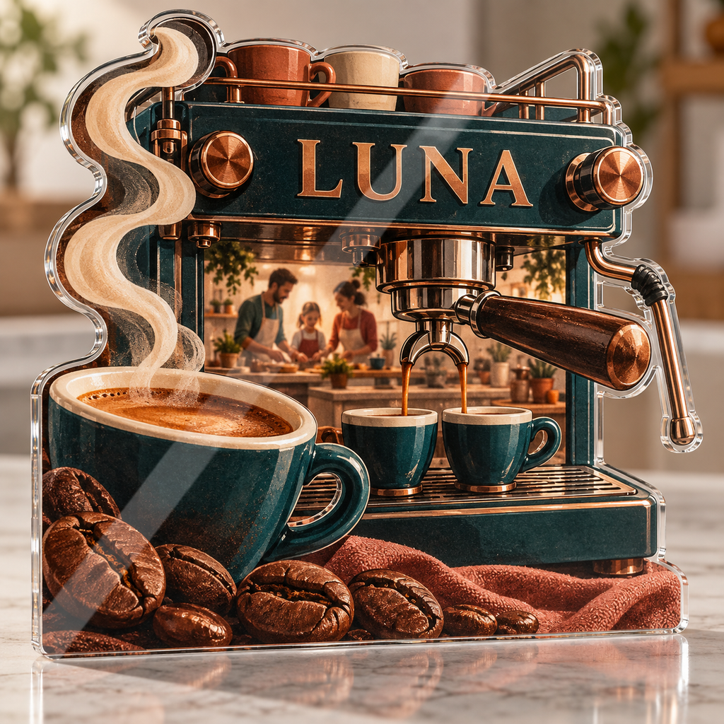 Artwork visualization: Espresso corner — family cooking day, personalized LUNA, subject-shaped acrylic with printed optical 3D depth; not carved relief.