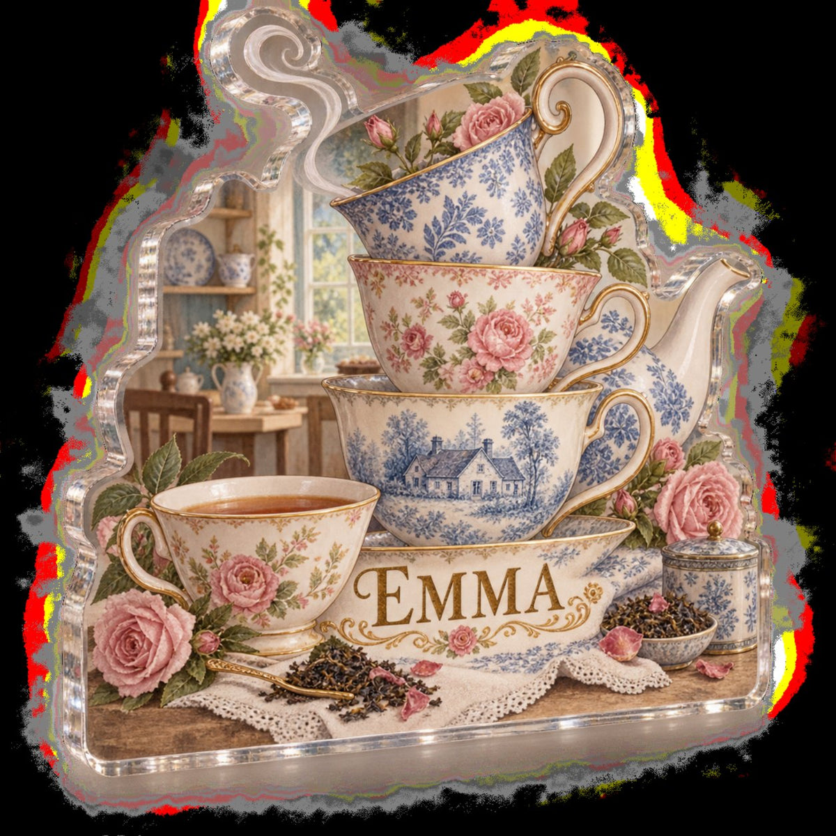 Personalized Tea Cup Collection Kitchen Wall Collection custom shape acrylic plaque with an example name set into the artwork, digital preview