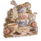 Artwork visualization: Tea cup collection — kitchen wall collection, personalized EMMA, subject-shaped acrylic with printed optical 3D depth; not carved relief.