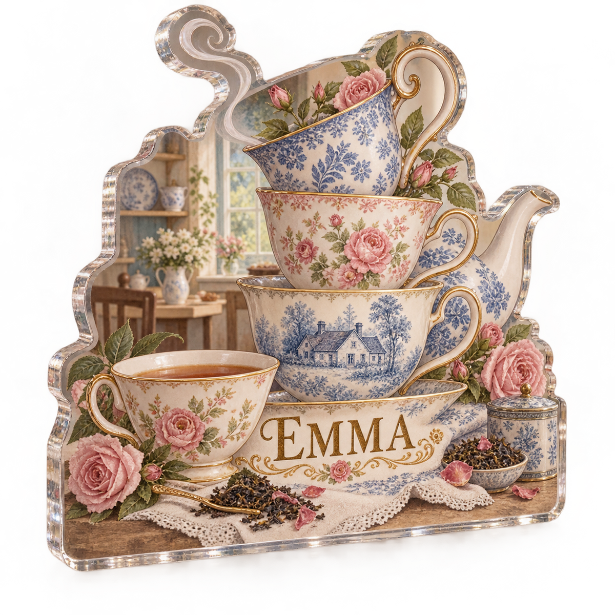 Artwork visualization: Tea cup collection — kitchen wall collection, personalized EMMA, subject-shaped acrylic with printed optical 3D depth; not carved relief.