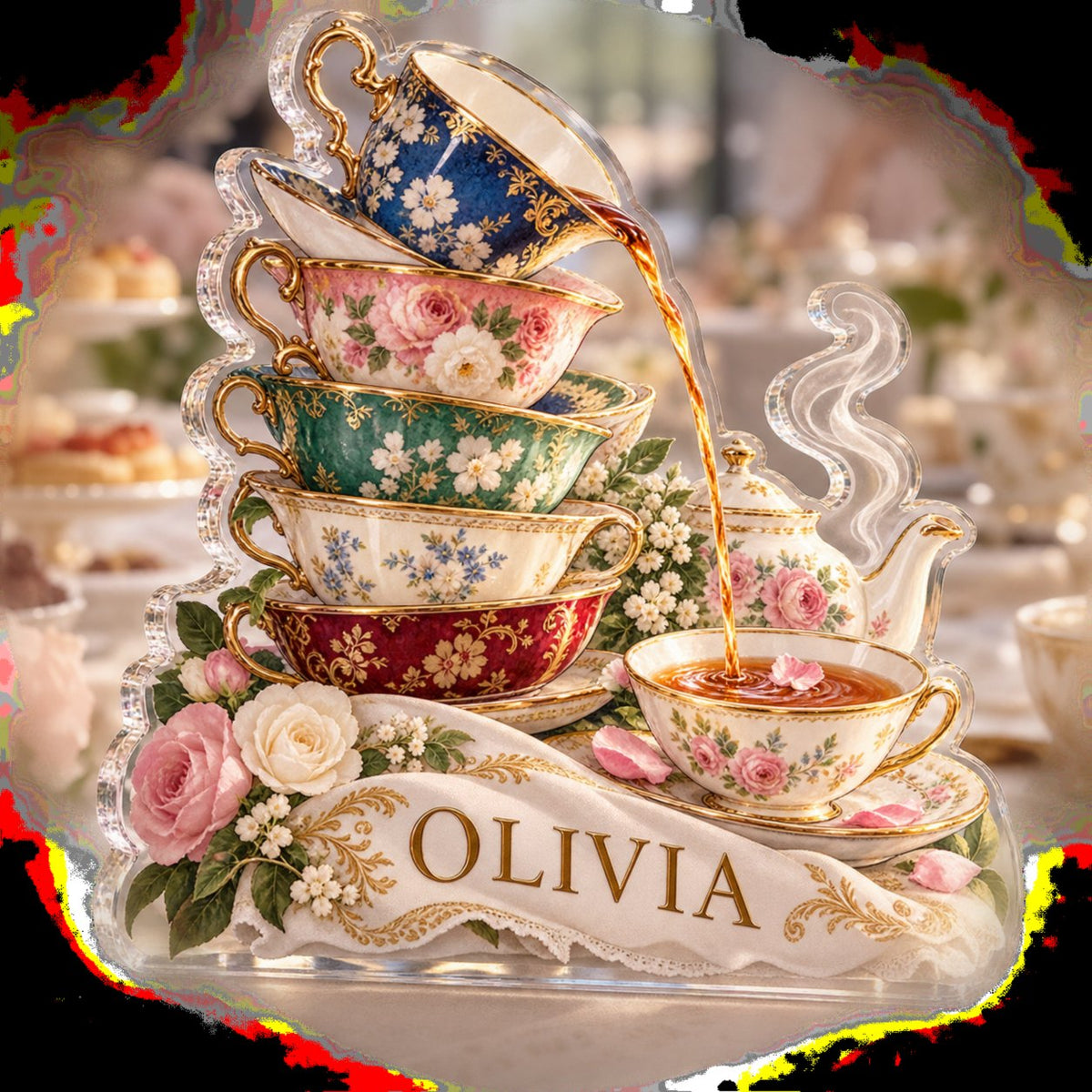 Personalized Tea Cup Collection Host Thank You Gift custom shape acrylic plaque with an example name set into the artwork, digital preview
