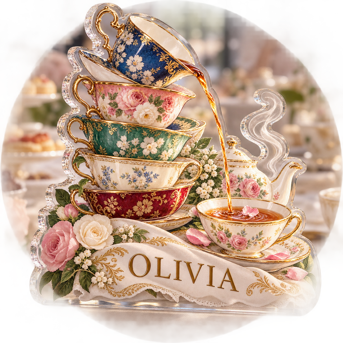 Artwork visualization: Tea cup collection — host thank you gift, personalized OLIVIA, subject-shaped acrylic with printed optical 3D depth; not carved relief.