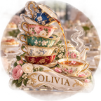 Artwork visualization: Tea cup collection — host thank you gift, personalized OLIVIA, subject-shaped acrylic with printed optical 3D depth; not carved relief.