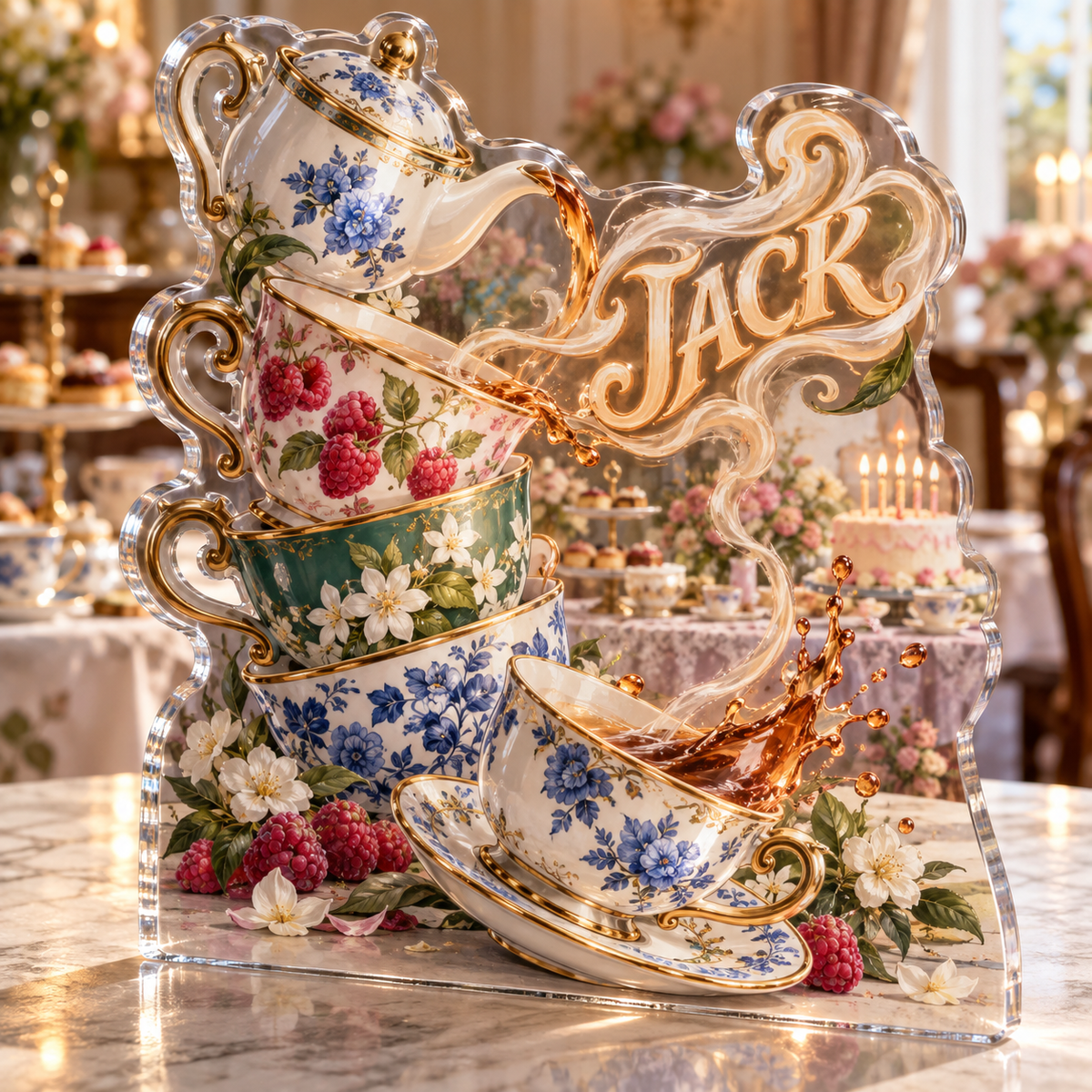 Artwork visualization: Tea cup collection — food hobby birthday, personalized JACK, subject-shaped acrylic with printed optical 3D depth; not carved relief.