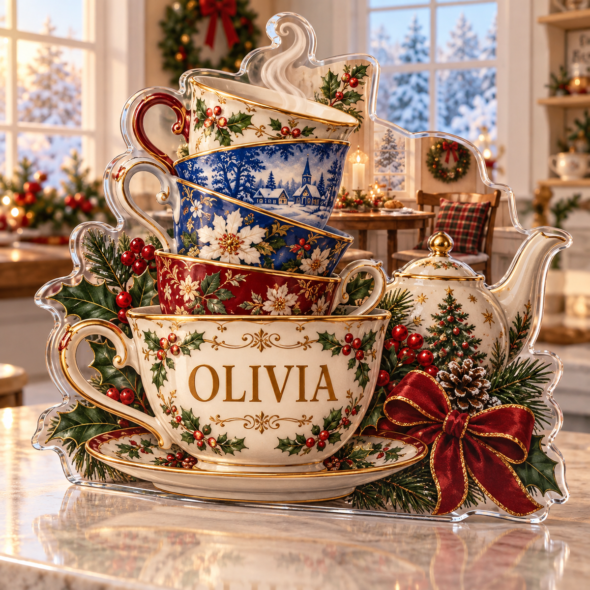 Artwork visualization: Tea cup collection — breakfast nook decoration, personalized OLIVIA, subject-shaped acrylic with printed optical 3D depth; not carved relief.