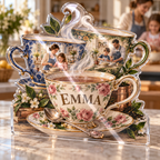 Artwork visualization: Tea cup collection — family cooking day, personalized EMMA, subject-shaped acrylic with printed optical 3D depth; not carved relief.