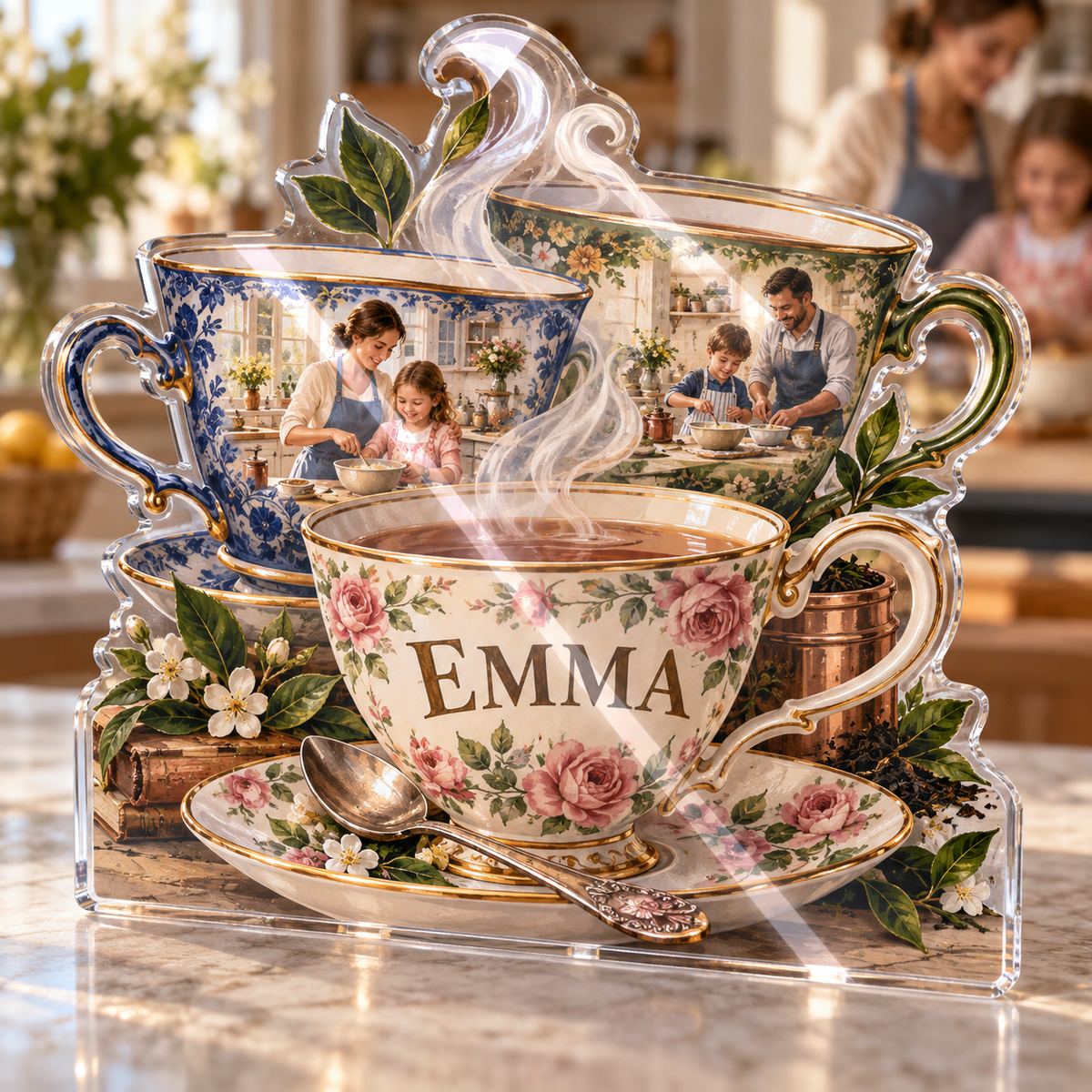 Artwork visualization: Tea cup collection — family cooking day, personalized EMMA, subject-shaped acrylic with printed optical 3D depth; not carved relief.