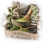 Artwork visualization: Matcha ritual — kitchen wall collection, personalized EMMA, subject-shaped acrylic with printed optical 3D depth; not carved relief.
