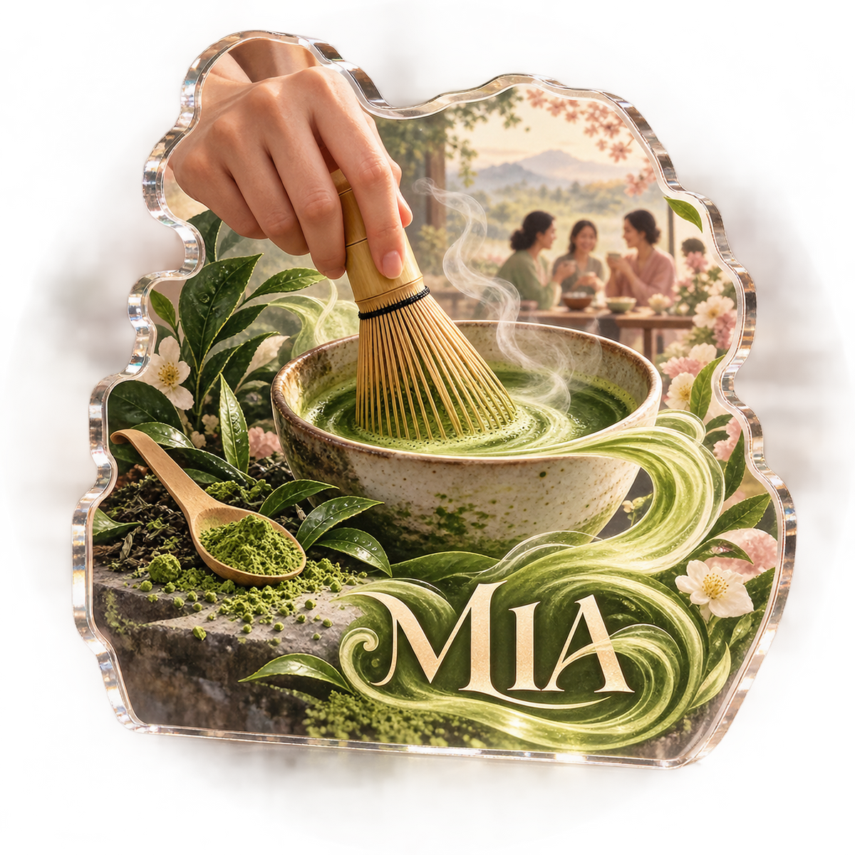 Artwork visualization: Matcha ritual — host thank you gift, personalized MIA, subject-shaped acrylic with printed optical 3D depth; not carved relief.