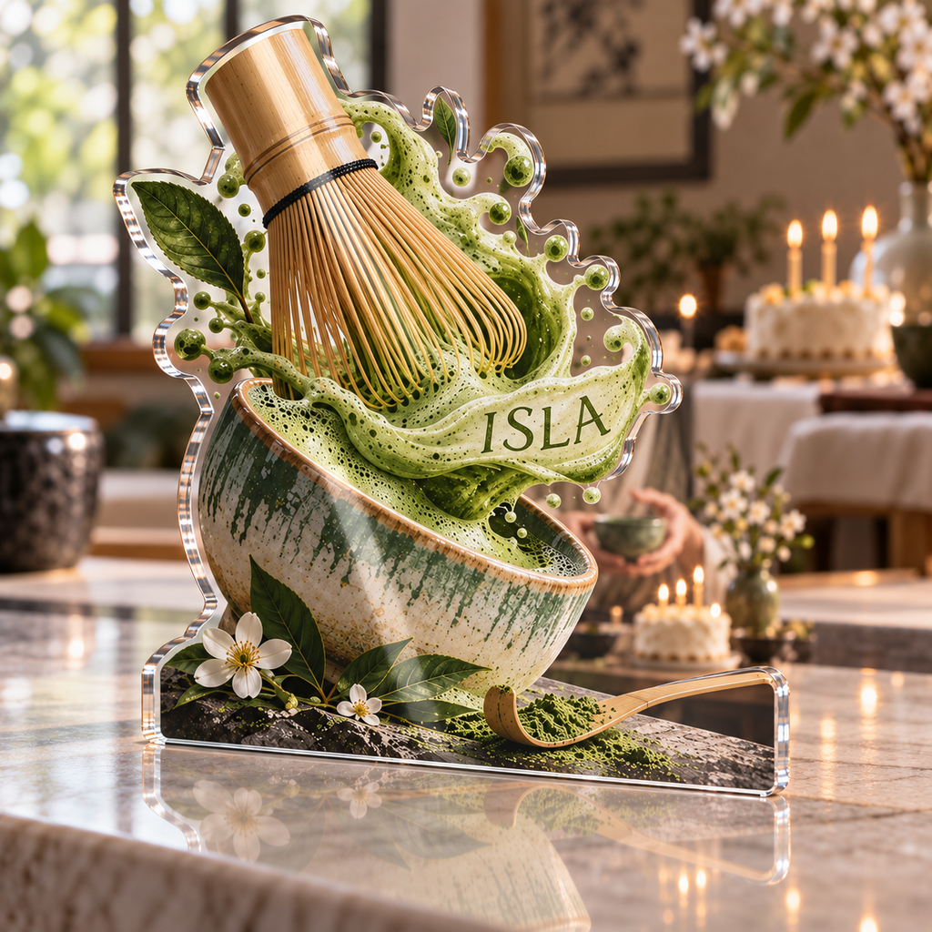 Artwork visualization: Matcha ritual — food hobby birthday, personalized ISLA, subject-shaped acrylic with printed optical 3D depth; not carved relief.