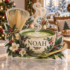 Artwork visualization: Matcha ritual — breakfast nook decoration, personalized NOAH, subject-shaped acrylic with printed optical 3D depth; not carved relief.