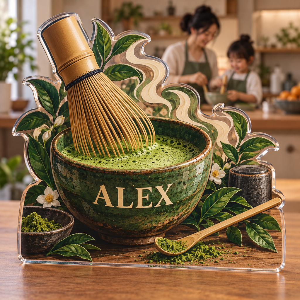 Artwork visualization: Matcha ritual — family cooking day, personalized ALEX, subject-shaped acrylic with printed optical 3D depth; not carved relief.